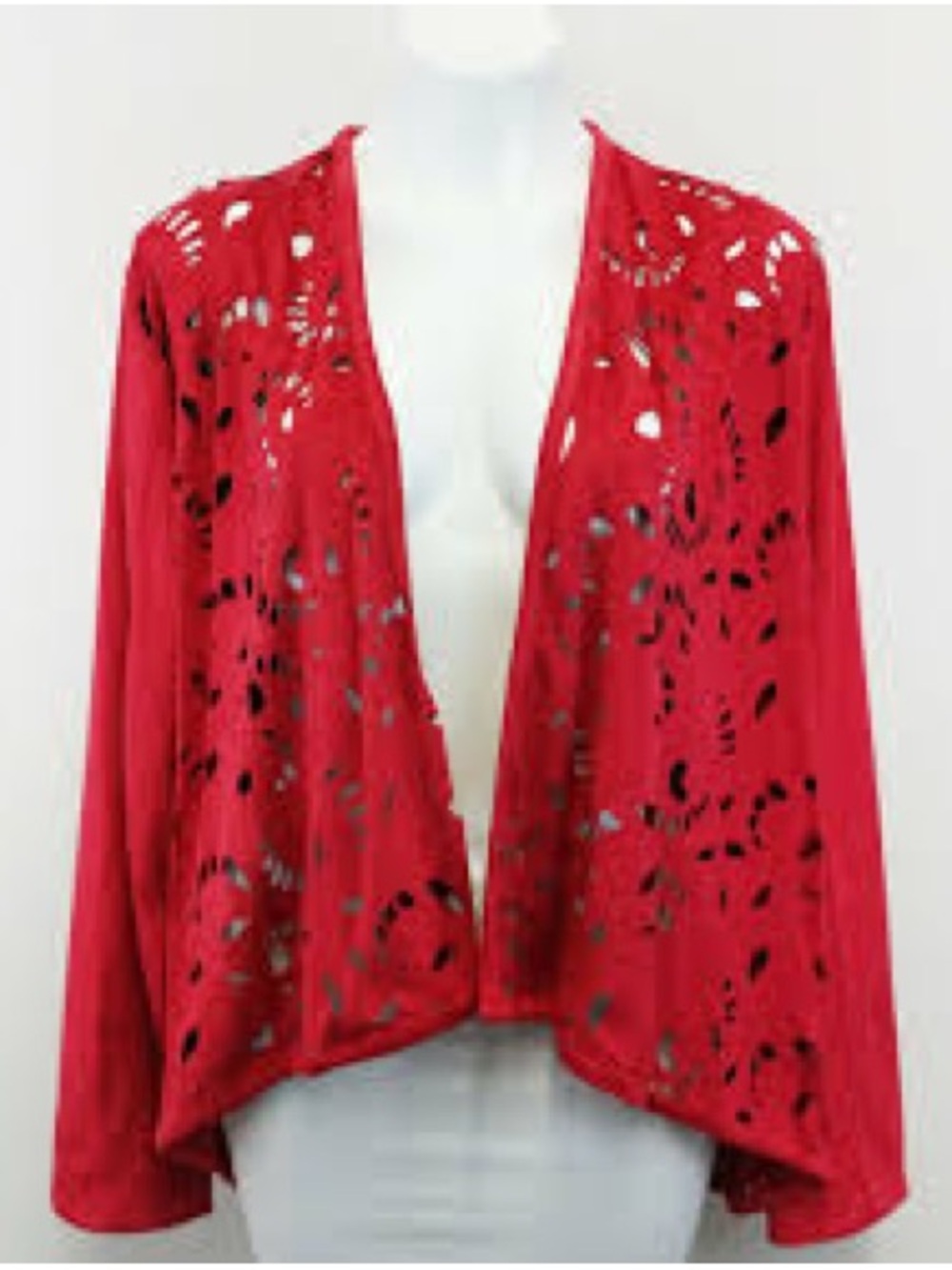 erin london Red Open-Front Laser-Cut Cardigan Size M